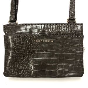 KGB brown croc multi-pocket gusseted zip top cross body purse